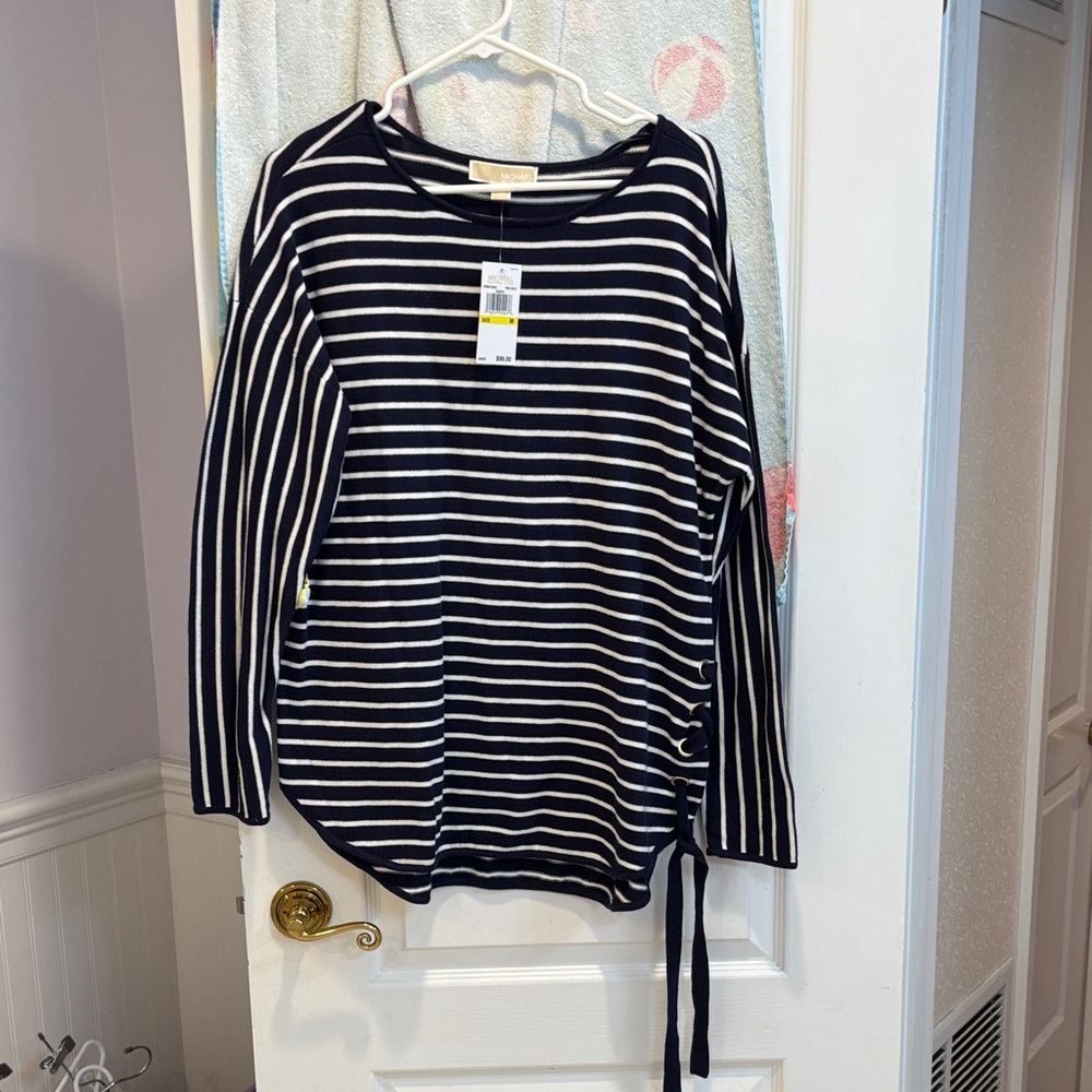 NWT MICHAEL Michael Kors Navy and White Striped Long Sleeve Top